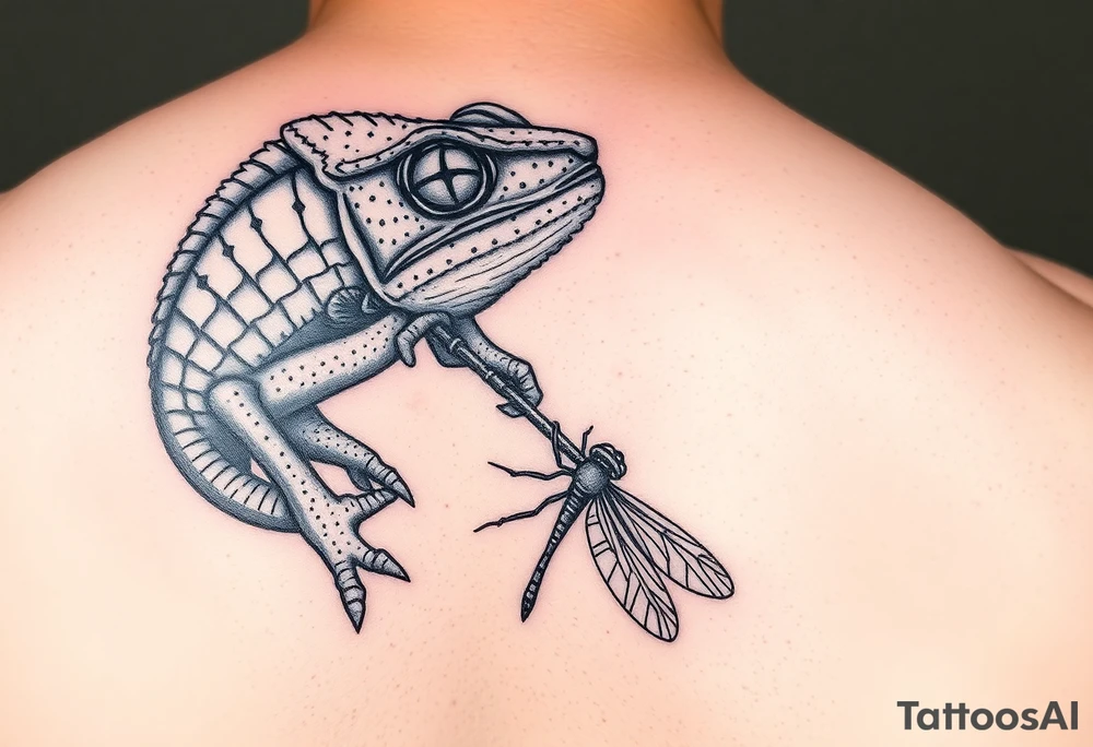 Hyper realistic chameleon eating a dragonfly tattoo idea