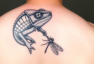 Hyper realistic chameleon eating a dragonfly tattoo idea