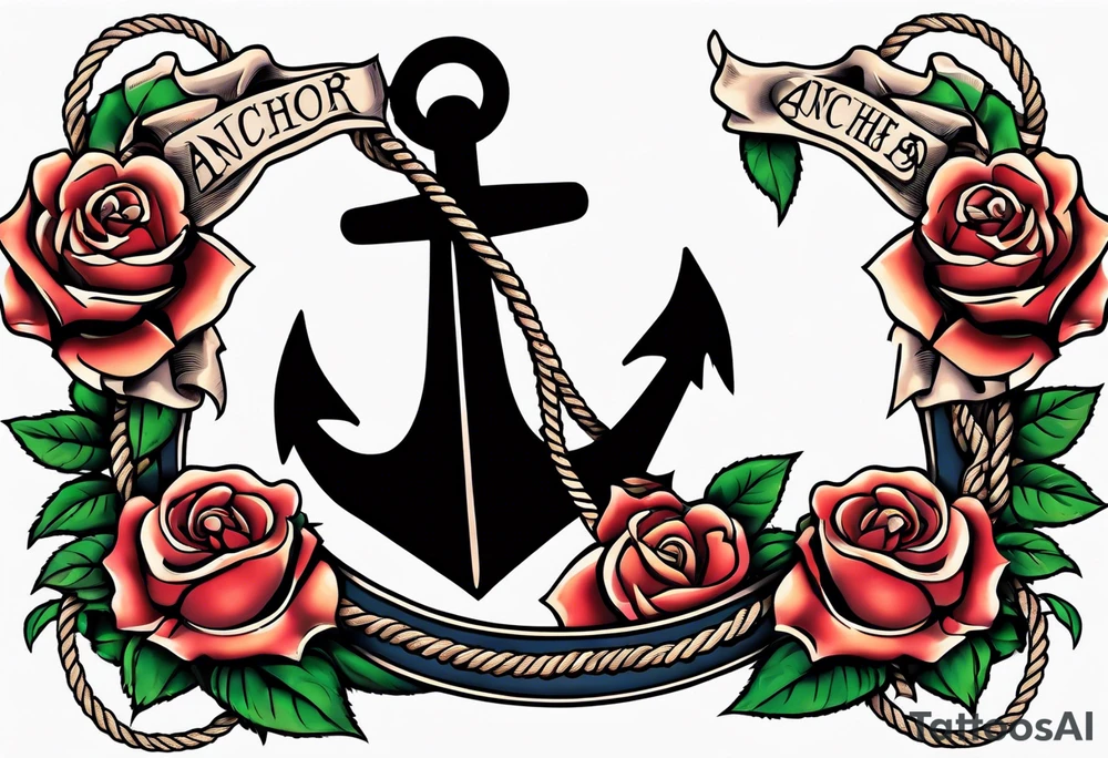 old school anchor sitting at an angle 
with rope wrapped around anchor and banner across anchor and old school roses tattoo idea
