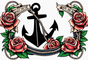 old school anchor sitting at an angle 
with rope wrapped around anchor and banner across anchor and old school roses tattoo idea