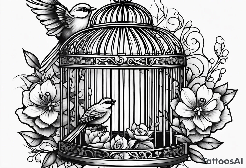 neo traditional foliage and flowers on the left top of a bird cage tattoo idea