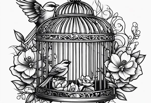 neo traditional foliage and flowers on the left top of a bird cage tattoo idea