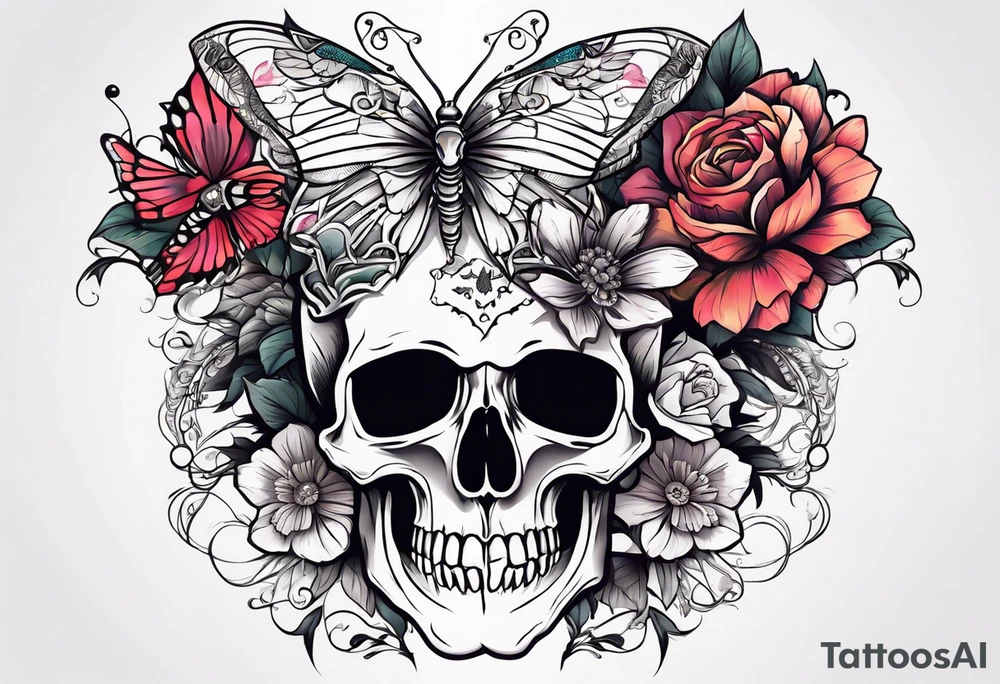 Skull tattoo with a scorpions, butterflies, and flowers tattoo idea