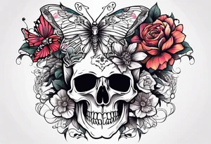 Skull tattoo with a scorpions, butterflies, and flowers tattoo idea