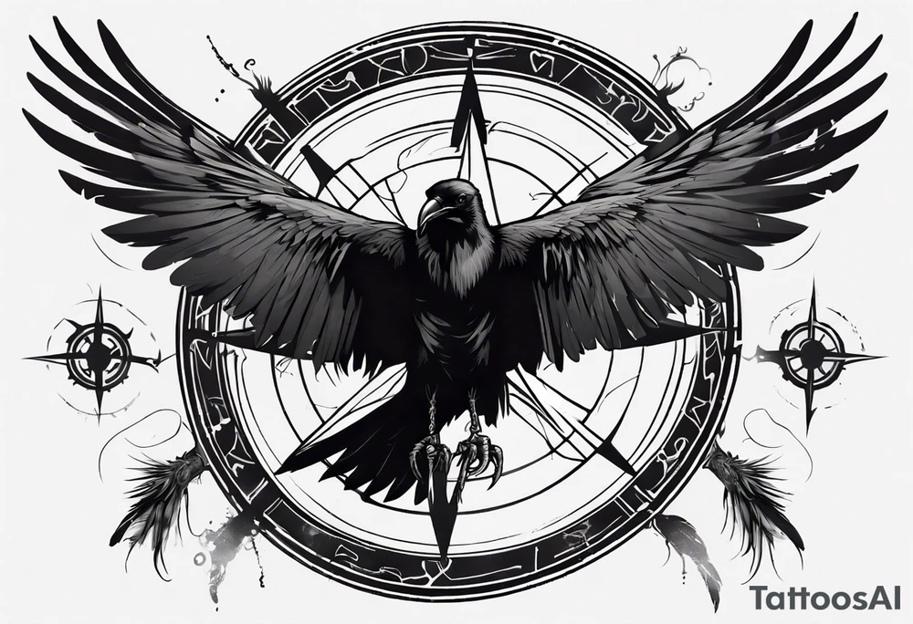 black raven with wings spread in the foreground with a viking compass in the background tattoo idea