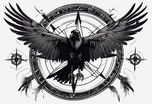 black raven with wings spread in the foreground with a viking compass in the background tattoo idea