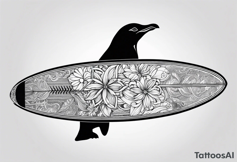 Surfboard outline with a penguin inside and the date 25/07 tattoo idea