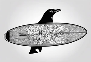 Surfboard outline with a penguin inside and the date 25/07 tattoo idea