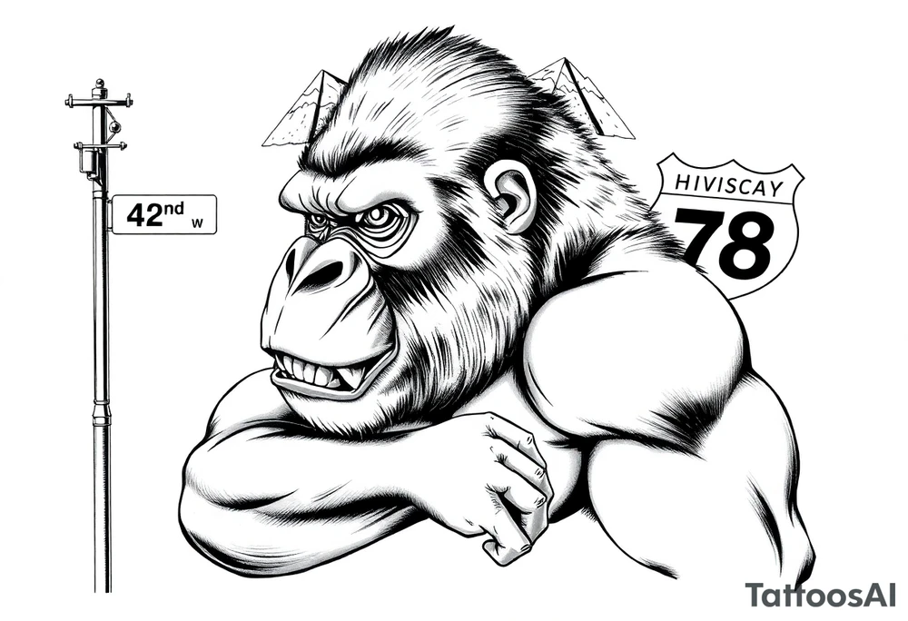 powerful aggressive gorilla with a street sign with a pole on the left that says 42nd st w, a highway sign on the right that says highway 78 and pyramids above the ape’s head that have snow on them all in close proximity. tattoo idea