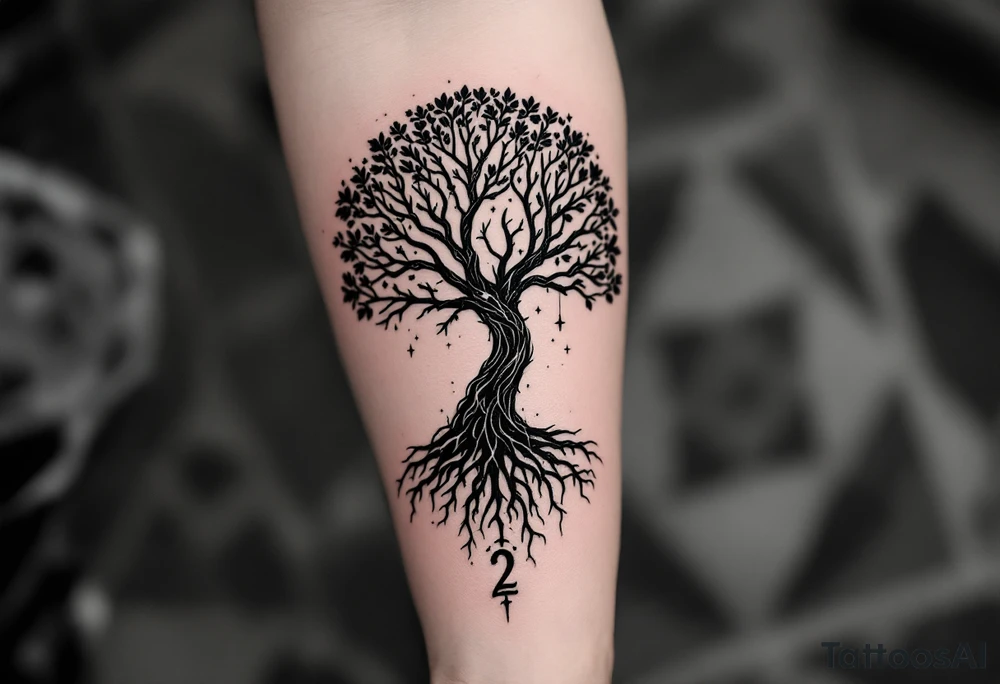 mystical tree of life with cosmic roots and celestial branches with the number 2 incorperated on the outer forearm tattoo idea