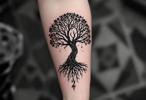 mystical tree of life with cosmic roots and celestial branches with the number 2 incorperated on the outer forearm tattoo idea