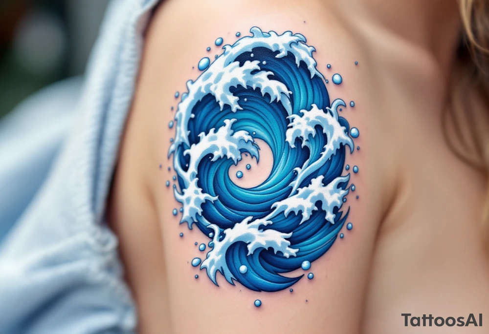 A stylized spiral composed of blue waves and white foam, capturing the movement of the ocean. tattoo idea