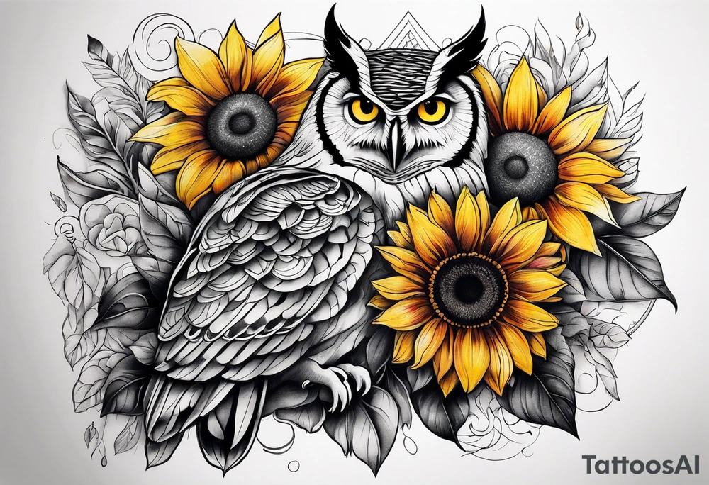 Arm sleeve with colorful sunflowers and an owl tattoo idea