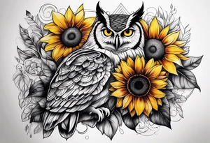 Arm sleeve with colorful sunflowers and an owl tattoo idea