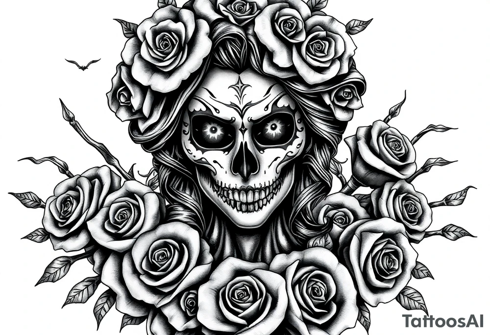 Powerful and evil day of the dead female,  surrounded by unclaimed souls and roses tattoo idea
