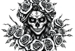 Powerful and evil day of the dead female,  surrounded by unclaimed souls and roses tattoo idea