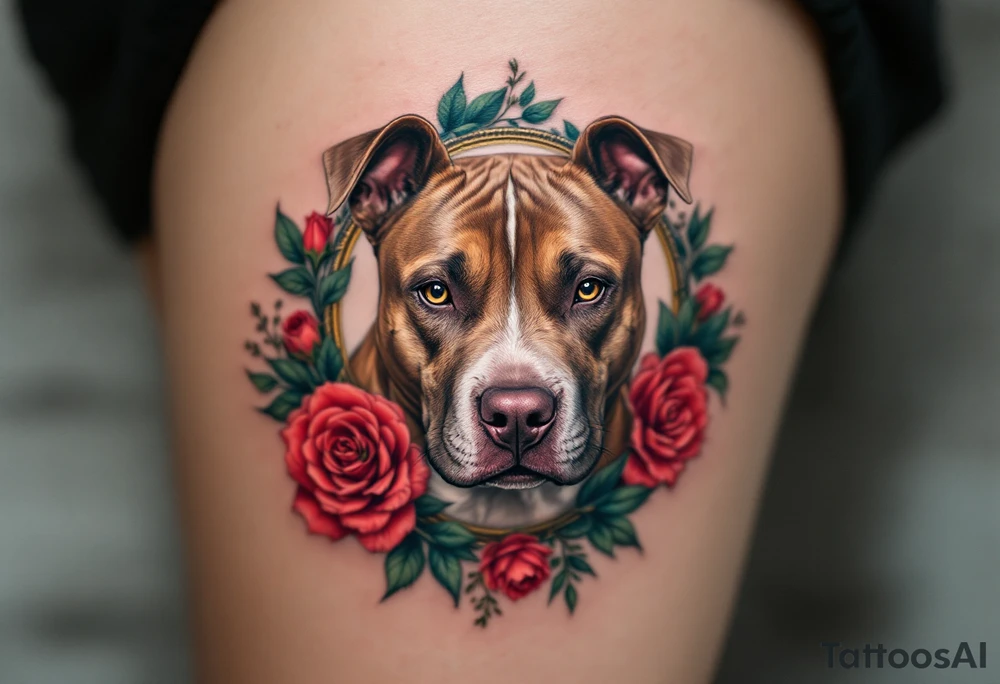 Brown Staffbull with Floral Frame
Portrait of a brown Staffbull surrounded by red roses and green leaves. Soft shading and realistic color tones for a balanced design. tattoo idea