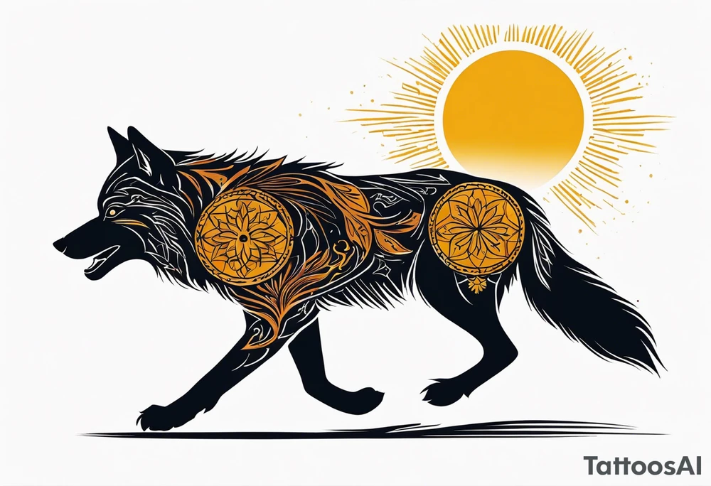 strength, small, running young wolf, elegant, armenian, sun, lenghty tattoo idea