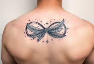 infinity symbol woven with floating feathers and stardust tattoo idea