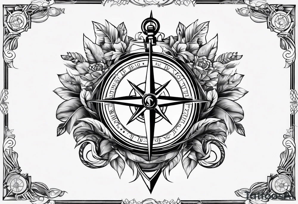 A selucid style anchor in front of a compass with north south east west marked on it and a narrow laurel wreathe wrapped around the compass tattoo idea