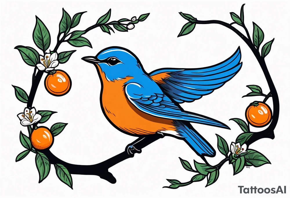 traditional bluebird in flight holding orange blossom branch tattoo idea