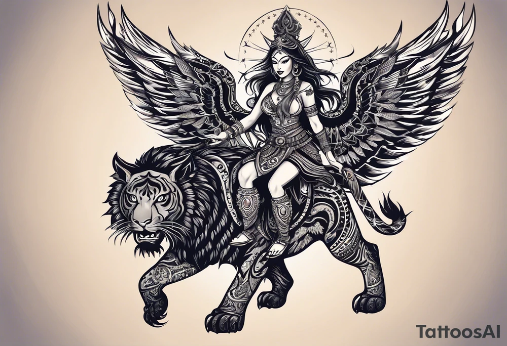 black kali, goddess pirate, alien, angel, pachamama, valkrye, warrior, flying, skull, lotus azul, wing, eagle, zenza resonance, stars, 5D, anahata chakra, death, durga, riding on a tiger, flying lady tattoo idea