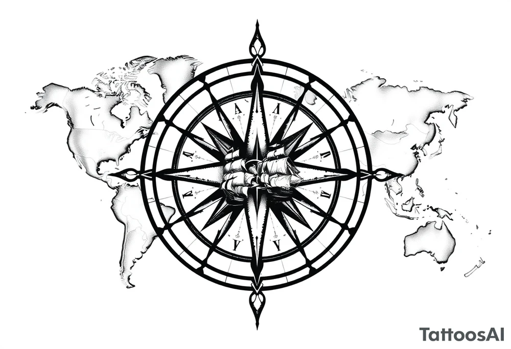 antique compass rose overlaid on weathered world map with sailing ships tattoo idea