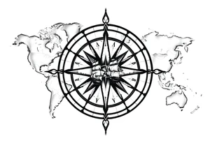 antique compass rose overlaid on weathered world map with sailing ships tattoo idea