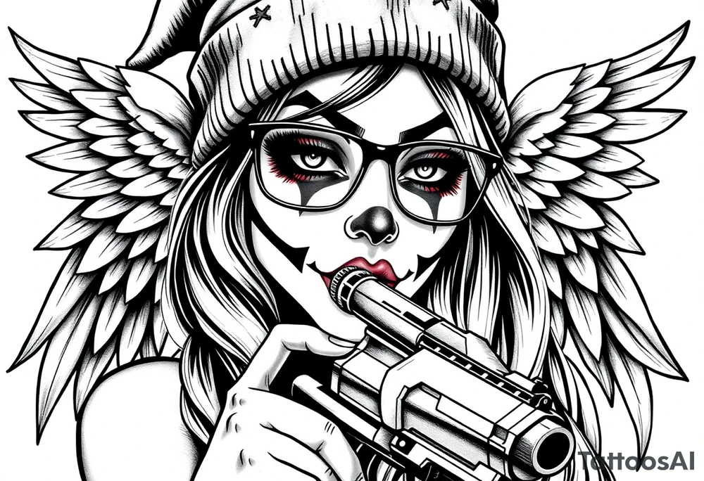 Chicana beautiful long hair clown makeup angel wings thug beanie eyeglasses licking a gun tattoo idea