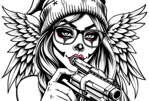 Chicana beautiful long hair clown makeup angel wings thug beanie eyeglasses licking a gun tattoo idea