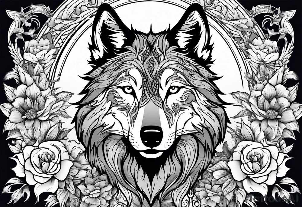 Wolf, flower, cross tattoo idea