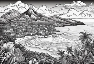 Map of the eastern Caribbean islands with an ocean view of the island mountains across the sea in the background tattoo idea