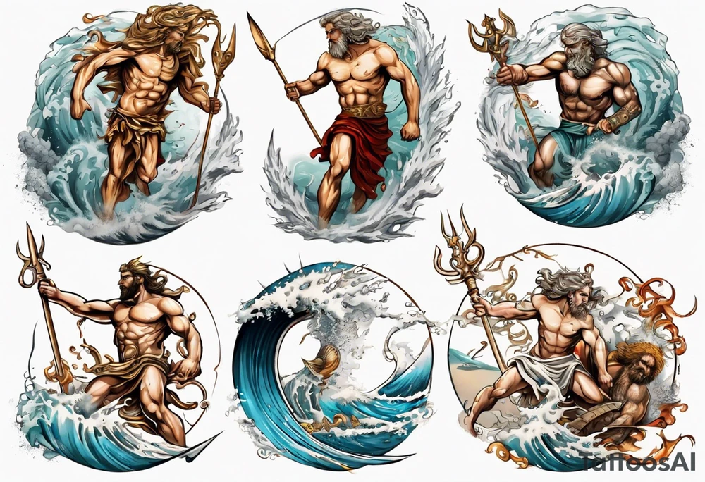 Ancient Greek gods of the sea fighting with surfer  and trident  with other gods tattoo idea