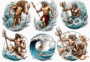 Ancient Greek gods of the sea fighting with surfer  and trident  with other gods tattoo idea