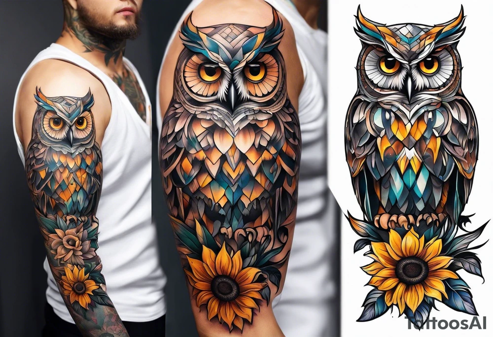Owl and sunflower sleeve tattoo idea