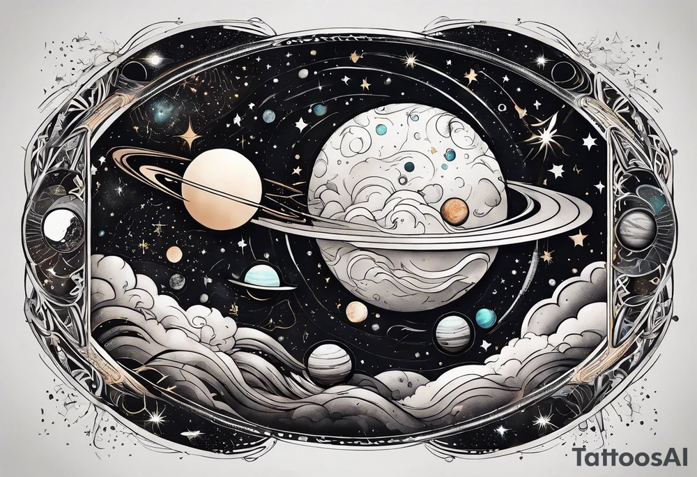 A tattoo featuring a cosmic scene with planets, black holes, and supernovae intertwined with intricate linguistic symbols, reflecting the client's interests in cosmology and linguistics. tattoo idea