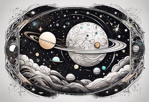 A tattoo featuring a cosmic scene with planets, black holes, and supernovae intertwined with intricate linguistic symbols, reflecting the client's interests in cosmology and linguistics. tattoo idea