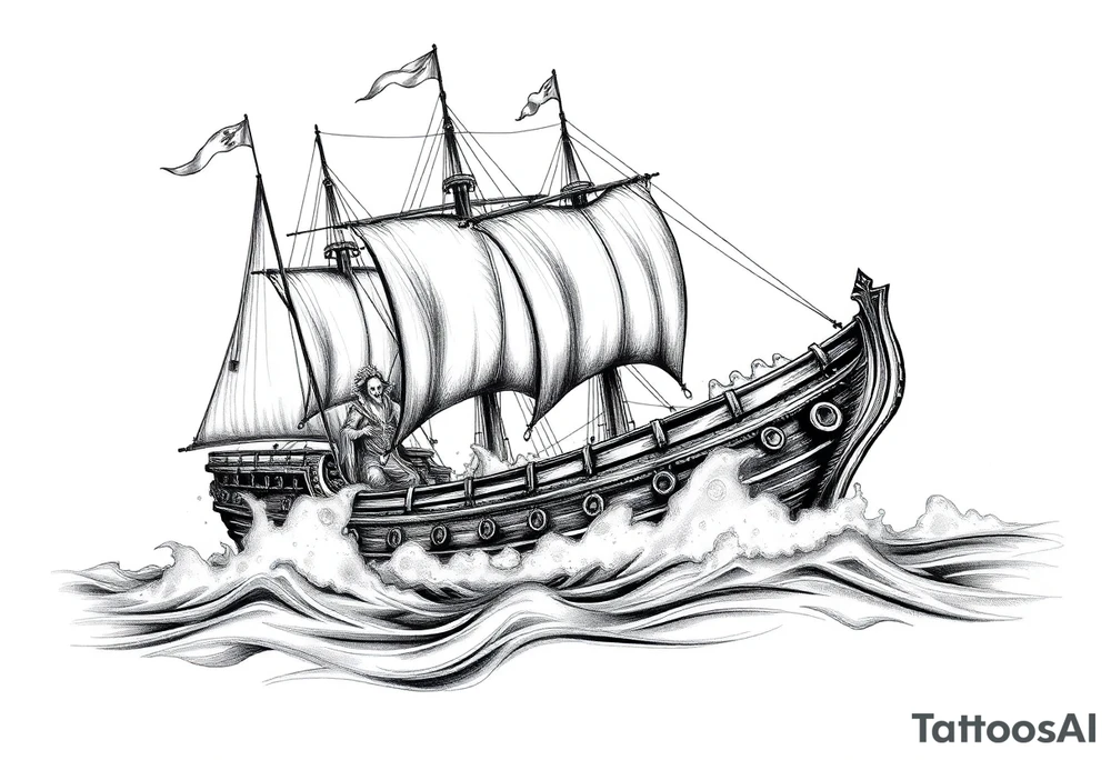 pirat-ship with ghosts surrounded by fog on sea. tattoo idea