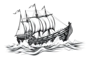 pirat-ship with ghosts surrounded by fog on sea. tattoo idea
