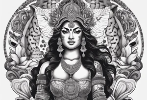 durga goddess, riding a tiger, kali, pirate, pachamama, chest tatoo, lotus, piarte tattoo idea