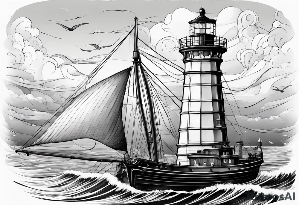 phare maritime dans un bateau a voiles vu du devant. tattoo idea