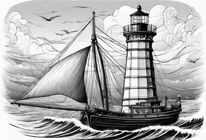 phare maritime dans un bateau a voiles vu du devant. tattoo idea