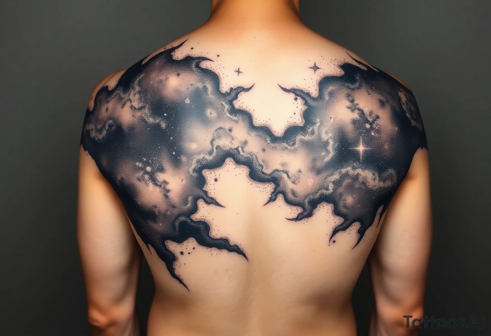 Beautiful and epic 3d milky way that appears to be what is beneath the skin. Make it drape over the shoulder and move to the middle back. use negative spaces to create stars and dust. Incorporate God breathing life into the universe. Keep it symmetrical tattoo idea