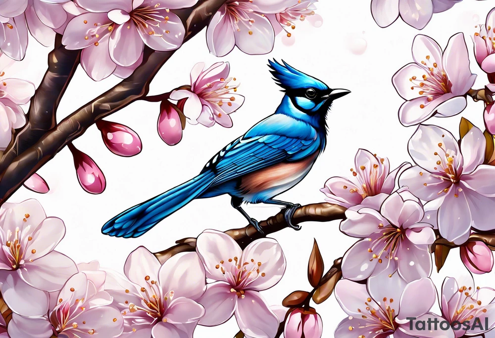 Stellar’s Jay bird on cherry blossoms tattoo for arm tattoo idea