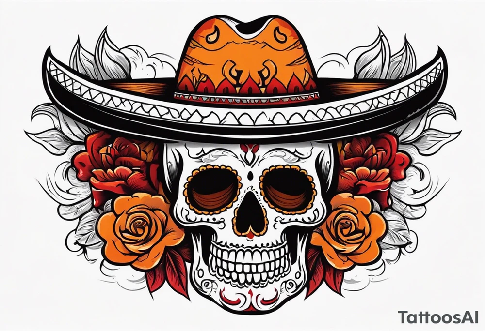 Mexican skull with sombrero with smoke coming out of the bottom orange and red tattoo idea