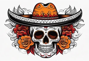 Mexican skull with sombrero with smoke coming out of the bottom orange and red tattoo idea