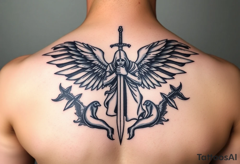 Soldier Angel with long sword kneeling looking down cloak over head wings spread tattoo idea, upper chest tattoo idea