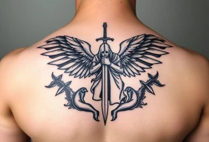 Soldier Angel with long sword kneeling looking down cloak over head wings spread tattoo idea, upper chest tattoo idea