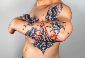 Heaven’s angels fighting hells demons. Angels flying and demons climbing up out of hell tattoo idea