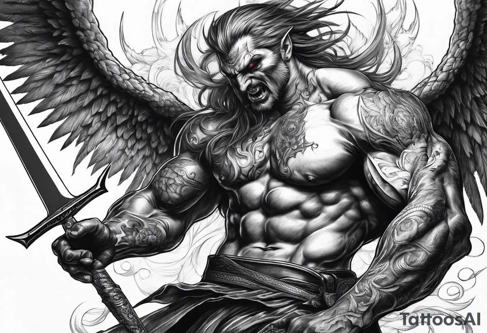 Demon being stabbed in the back by angel tattoo idea